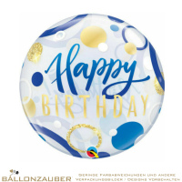 Folienballon Bubble Happy Birthday golden Dots Blau Transparent 56cm = 22inch