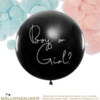 Latexballon Gender Reveal Rund Boy or Girl, schwarz, mit fbg. Konfetti 90cm = 36inch Umf. 250cm