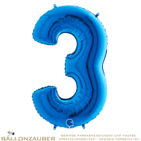 Folienballon Zahl 3 Blau Metallic 101cm = 40inch