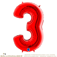 Folienballon Zahl 3 Rot Metallic 101cm = 40inch