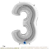 Folienballon Zahl 3 Silber Metallic 101cm = 40inch