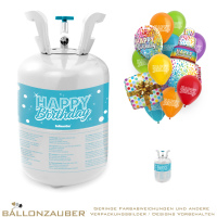 Ballongas Einweggas ca 0,21cbm Happy Birthday Set inkl. Ballons u. Glanzband Helium ausreichend f. enthaltene Ballons