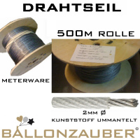 Drahtseil Dekoseil 2,0mm Ø ummantelt, ideal für Außenmontage von Ballonketten Drahtseil grau/silber