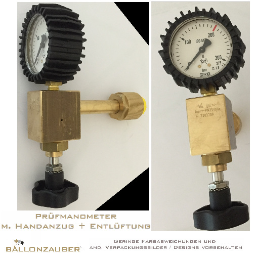 Prüfmanometer 300Bar m. Handanzug + Entlüftung f. Helium/Ballongas