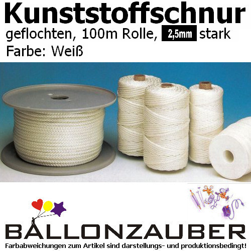 Dekoseil Kunststoffschnur geflochten Weiß 2,5mm 100m Spule Ballondeko Dekoschnur