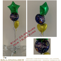 Silvesterstrauß 3 Folienballons 2 Sterne 1 Runder mit Gewicht lila grün gelb heliumgefüllt